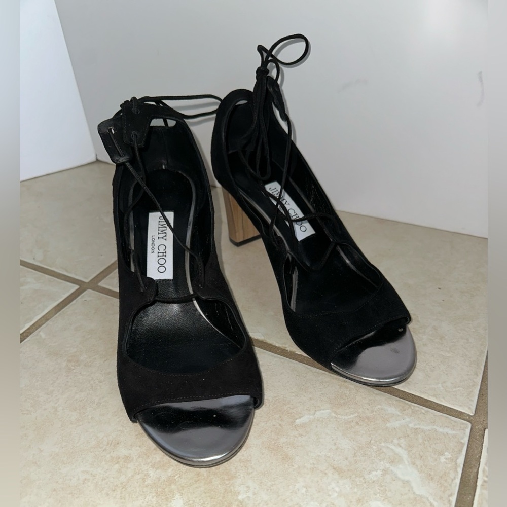 Jimmy Choo Black Suede Lace-Up Block Heel Sandals – Size 38